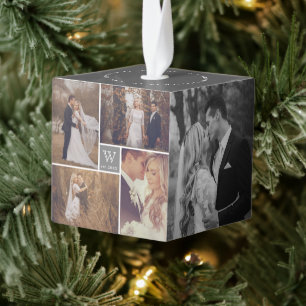 Minimalist Grid Lines Holiday Wedding 4 Photo Cube Ornament