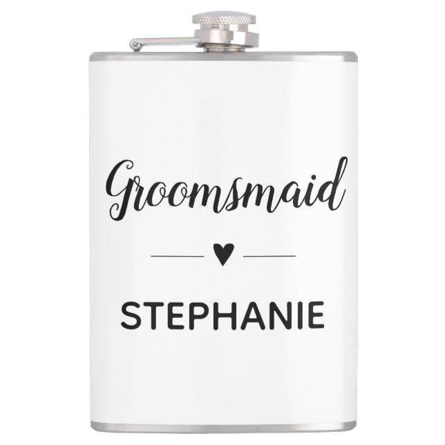 Minimalist Groomsmaid With Name Script Wedding Flask (Front)