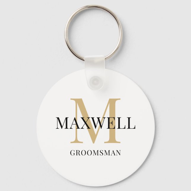Minimalist Groomsman Black Gold Custom Monogram Keychain (Front)