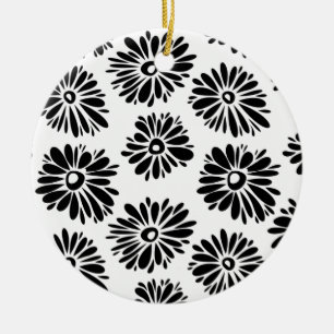 Minimalist Groovy Black and White Daisy Flowers Ceramic Ornament