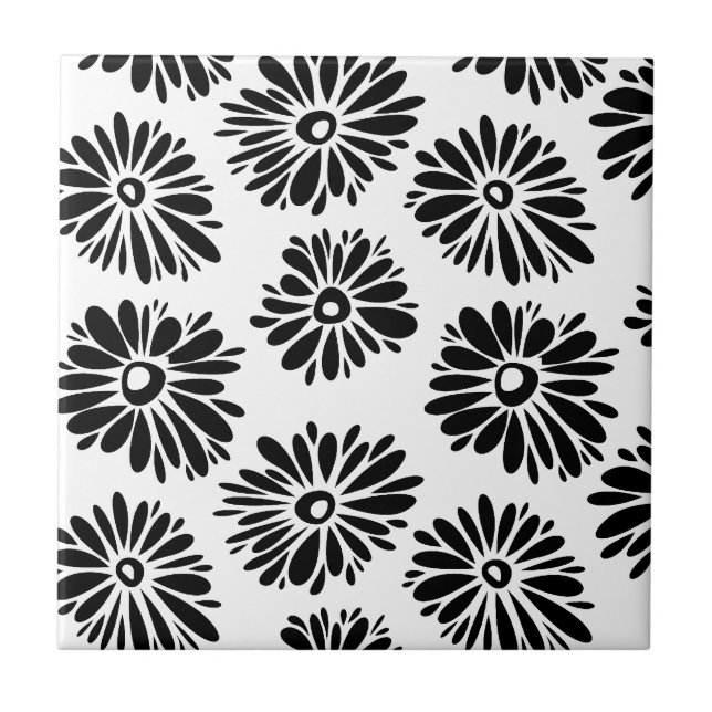 Minimalist Groovy Black and White Daisy Flowers Ceramic Tile (Front)
