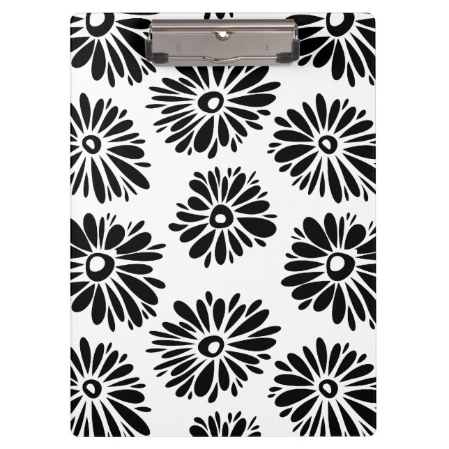 Minimalist Groovy Black and White Daisy Flowers Clipboard (Front)