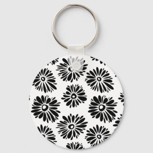 Minimalist Groovy Black and White Daisy Flowers Keychain