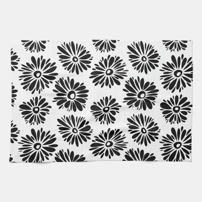 Minimalist Groovy Black and White Daisy Flowers Kitchen Towel (Horizontal)