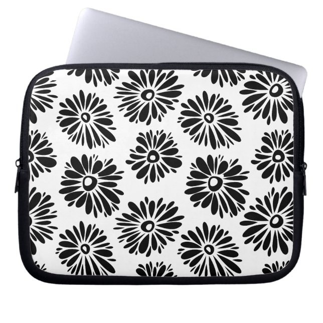Minimalist Groovy Black and White Daisy Flowers Laptop Sleeve (Front)
