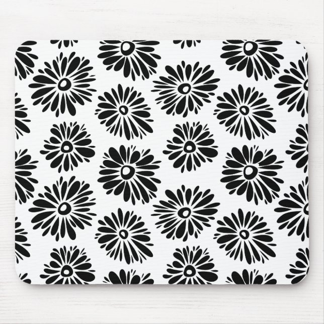 Minimalist Groovy Black and White Daisy Flowers Mouse Pad (Front)