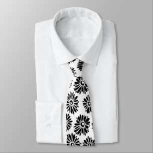 Minimalist Groovy Black and White Daisy Flowers Neck Tie
