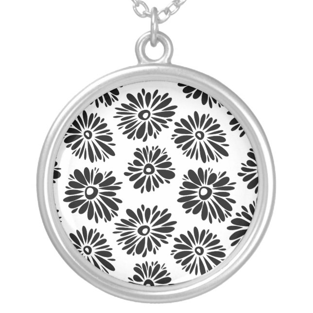 Minimalist Groovy Black and White Daisy Flowers Silver Plated Necklace (Front)