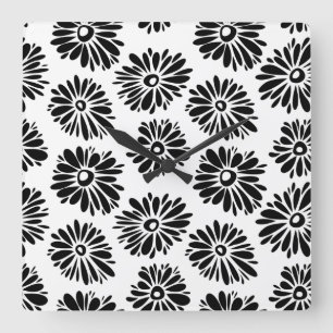 Minimalist Groovy Black and White Daisy Flowers Square Wall Clock