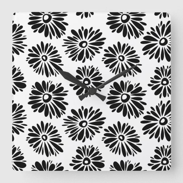 Minimalist Groovy Black and White Daisy Flowers Square Wall Clock (Front)
