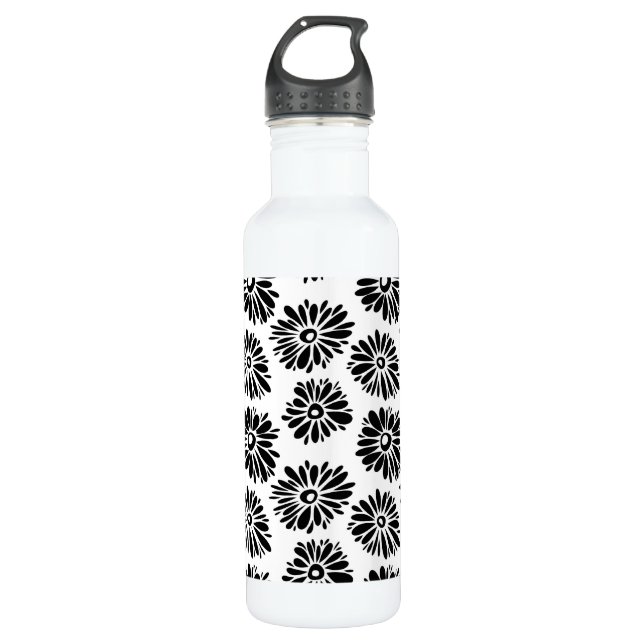Minimalist Groovy Black and White Daisy Flowers Stainless Steel Water Bottle (Front)