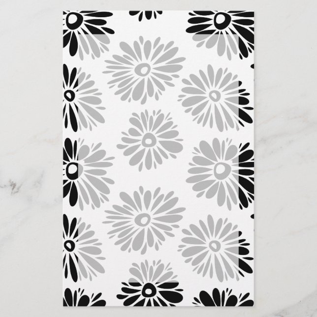 Minimalist Groovy Black and White Daisy Flowers Stationery (Front)