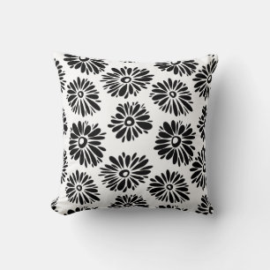 Minimalist Groovy Black and White Daisy Flowers Throw Pillow