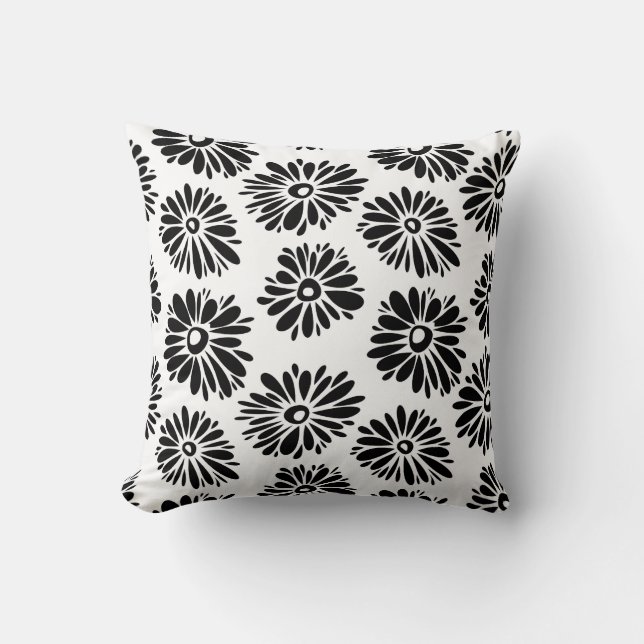 Minimalist Groovy Black and White Daisy Flowers Throw Pillow (Front)