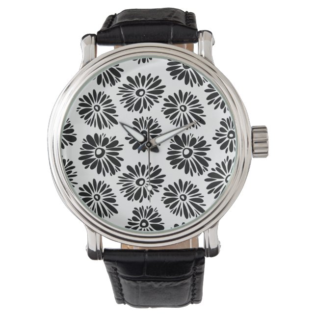 Minimalist Groovy Black and White Daisy Flowers Watch (Front)