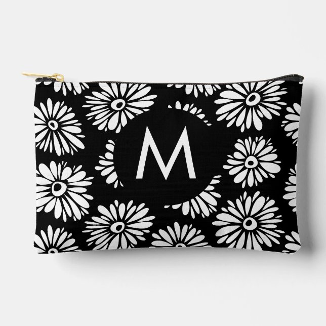 Minimalist Groovy Black and White Daisy Monogram Accessory Pouch (Front)