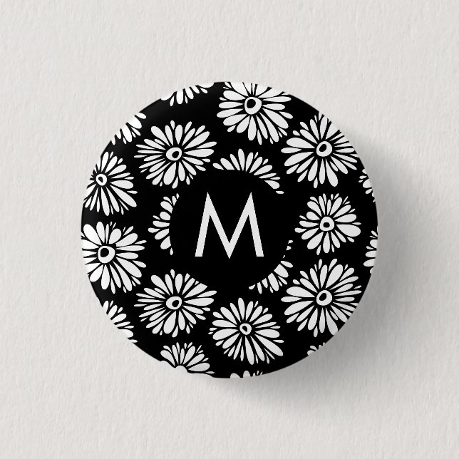 Minimalist Groovy Black and White Daisy Monogram Button (Front)