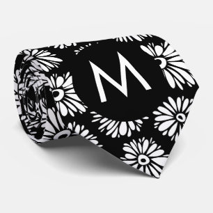 Minimalist Groovy Black and White Daisy Monogram Neck Tie