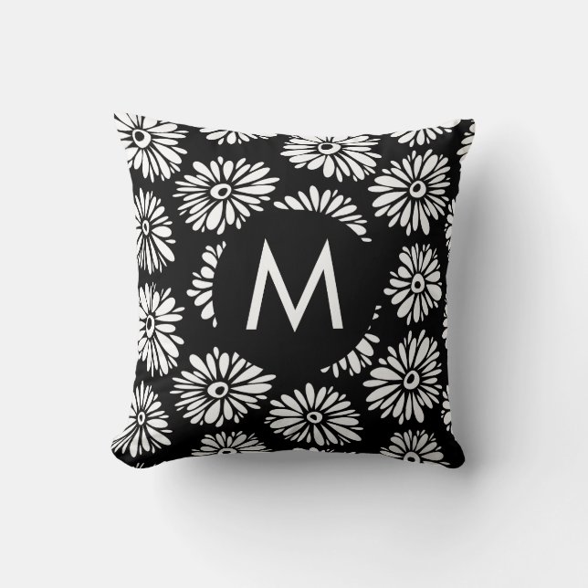 Minimalist Groovy Black and White Daisy Monogram Throw Pillow (Front)