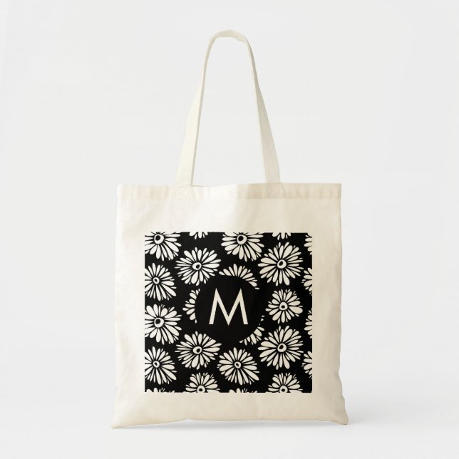 Minimalist Groovy Black and White Daisy Monogram Tote Bag (Front)