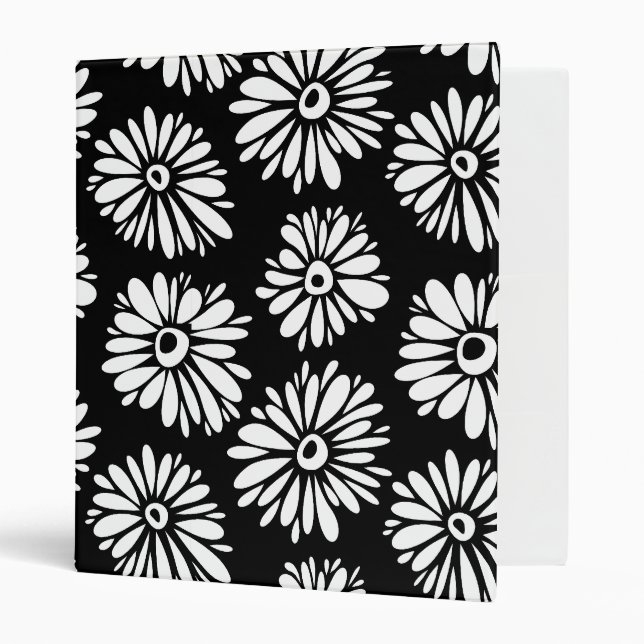 Minimalist Groovy Black and White Daisy Pattern Binder (Front/Inside)