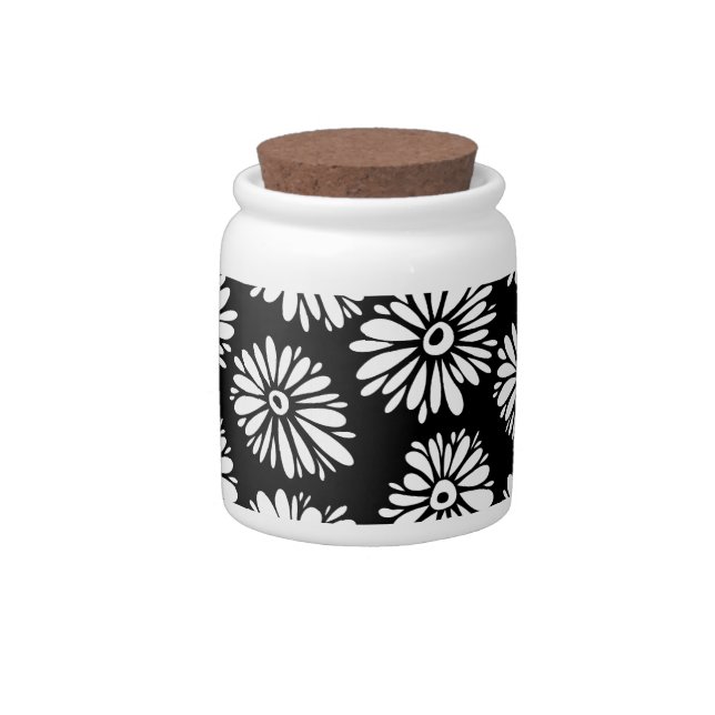 Minimalist Groovy Black and White Daisy Pattern Candy Jar (Right)