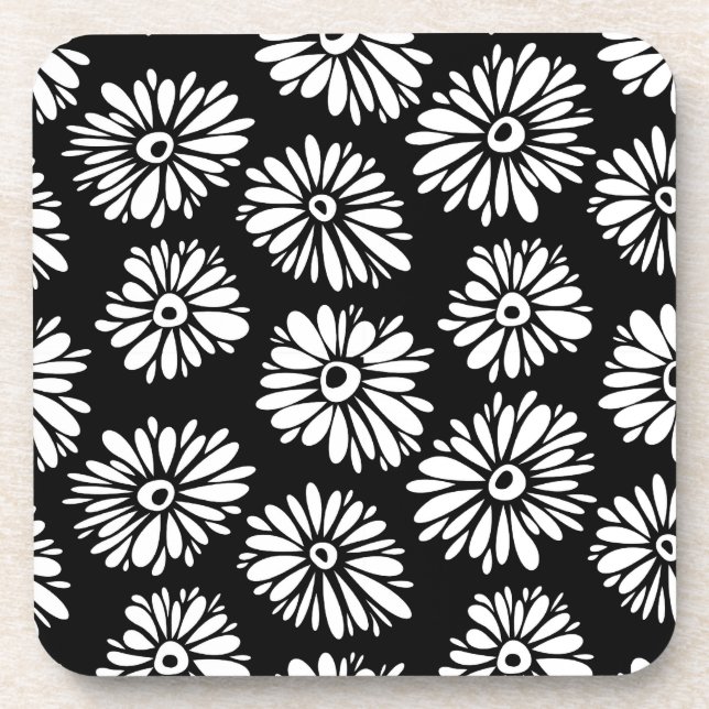 Minimalist Groovy Black and White Daisy Pattern Drink Coaster (Front)