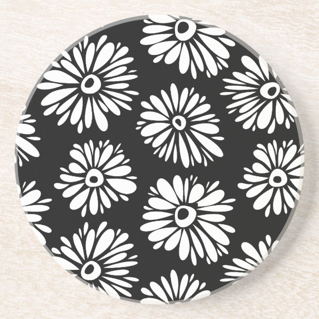 Minimalist Groovy Black and White Daisy Pattern Drink Coaster (Front)
