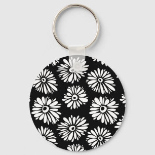 Minimalist Groovy Black and White Daisy Pattern Keychain