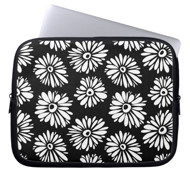 Minimalist Groovy Black and White Daisy Pattern Laptop Sleeve (Front)