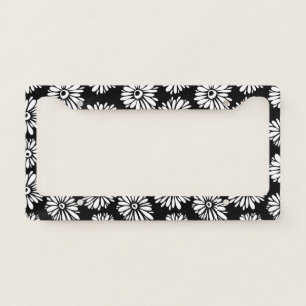 Minimalist Groovy Black and White Daisy Pattern License Plate Frame