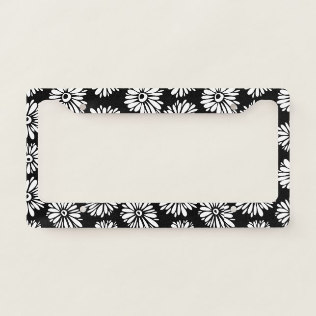 Minimalist Groovy Black and White Daisy Pattern License Plate Frame (Front)