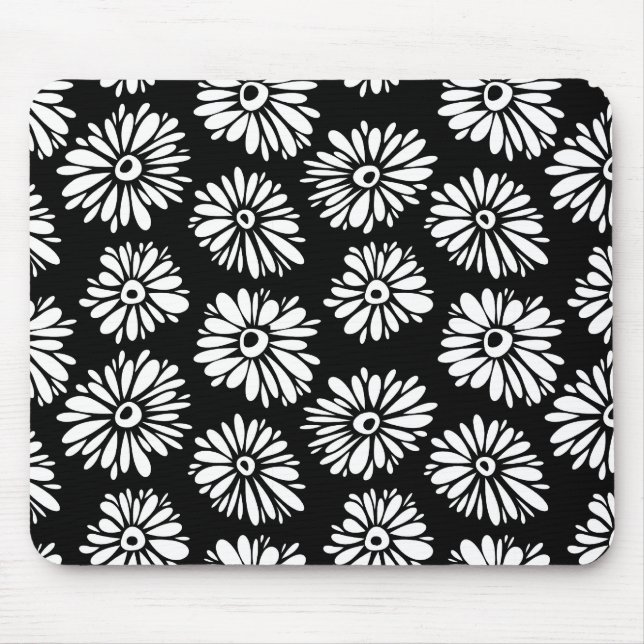 Minimalist Groovy Black and White Daisy Pattern Mouse Pad (Front)