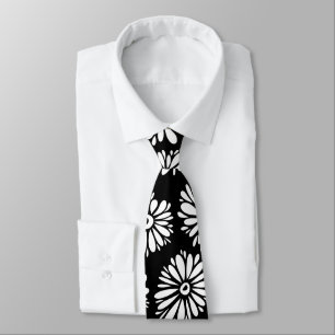 Minimalist Groovy Black and White Daisy Pattern Neck Tie