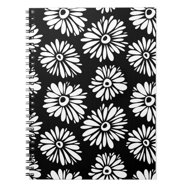 Minimalist Groovy Black and White Daisy Pattern Notebook (Front)
