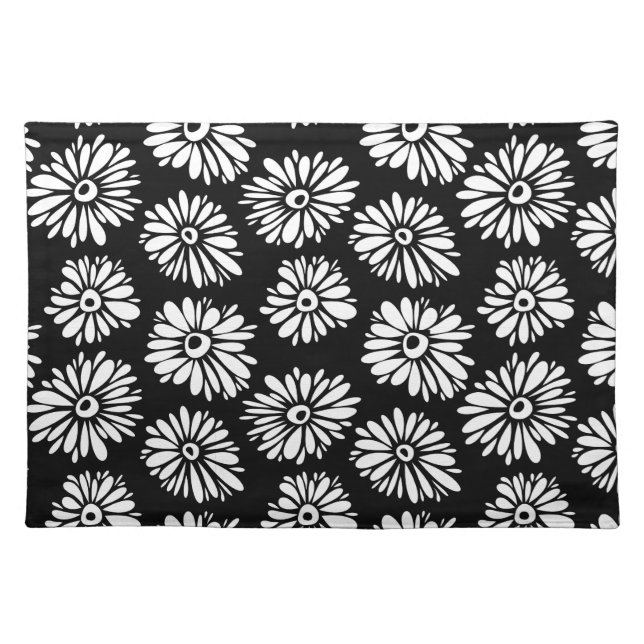 Minimalist Groovy Black and White Daisy Pattern Placemat (Front)