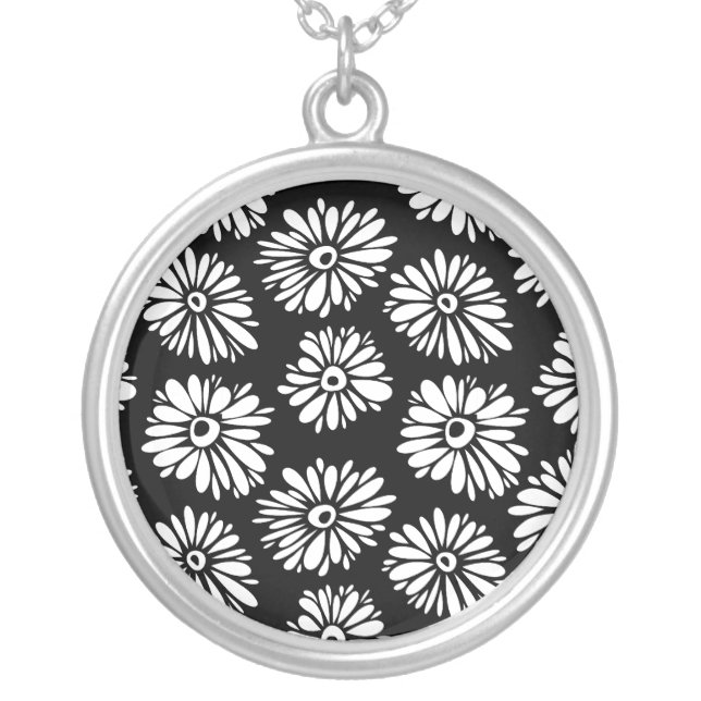 Minimalist Groovy Black and White Daisy Pattern Silver Plated Necklace (Front)