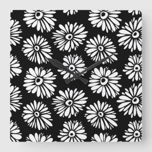 Minimalist Groovy Black and White Daisy Pattern Square Wall Clock