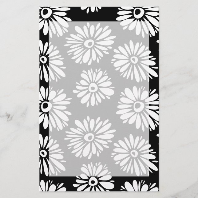 Minimalist Groovy Black and White Daisy Pattern Stationery (Front)