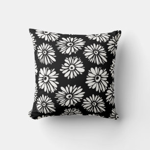 Minimalist Groovy Black and White Daisy Pattern Throw Pillow