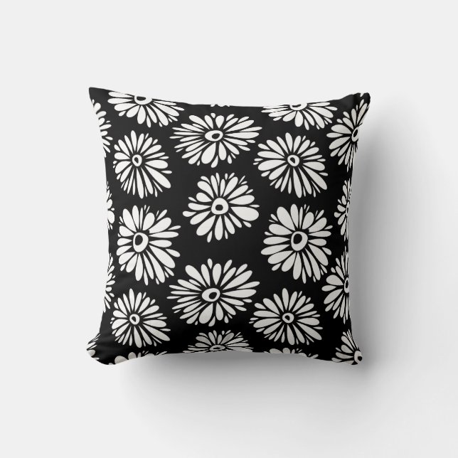 Minimalist Groovy Black and White Daisy Pattern Throw Pillow (Front)