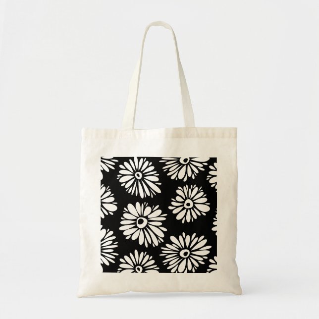 Minimalist Groovy Black and White Daisy Pattern Tote Bag (Front)