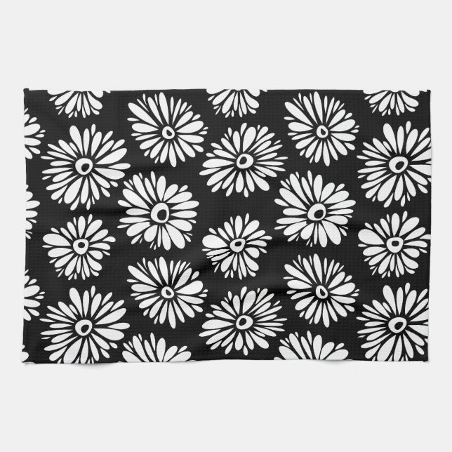 Minimalist Groovy Black and White Daisy Pattern Towel (Horizontal)