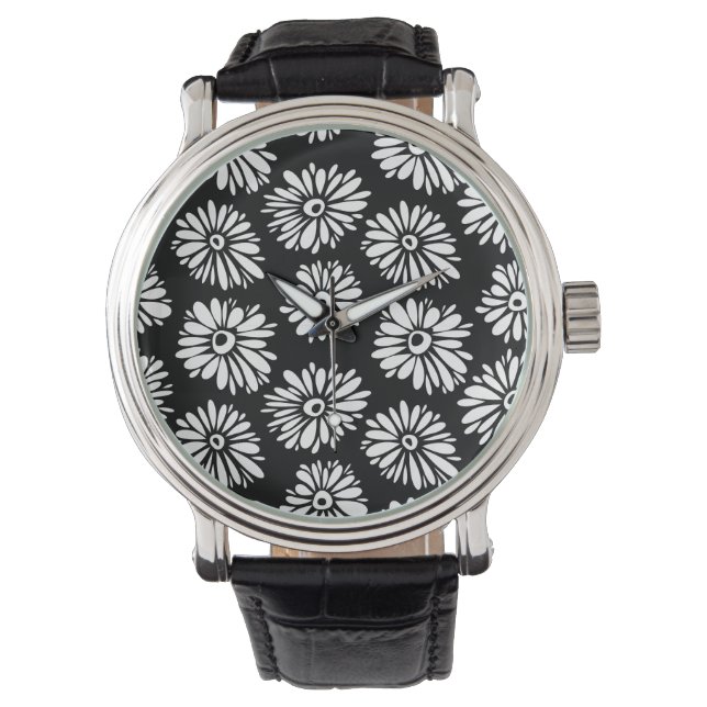 Minimalist Groovy Black and White Daisy Pattern Watch (Front)