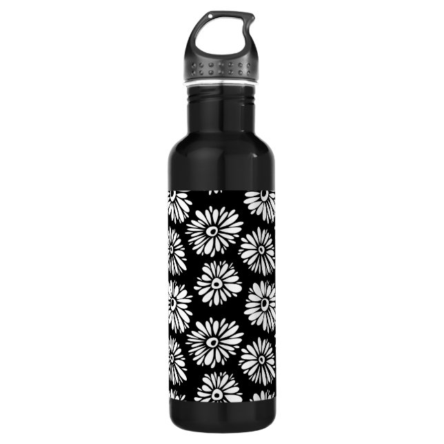 Minimalist Groovy Black and White Daisy Pattern Water Bottle (Front)