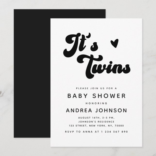 Minimalist Groovy Retro Twins Heart Baby Shower Invitation (Front/Back)