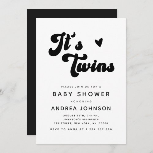 Minimalist Groovy Retro Twins Heart Baby Shower Invitation