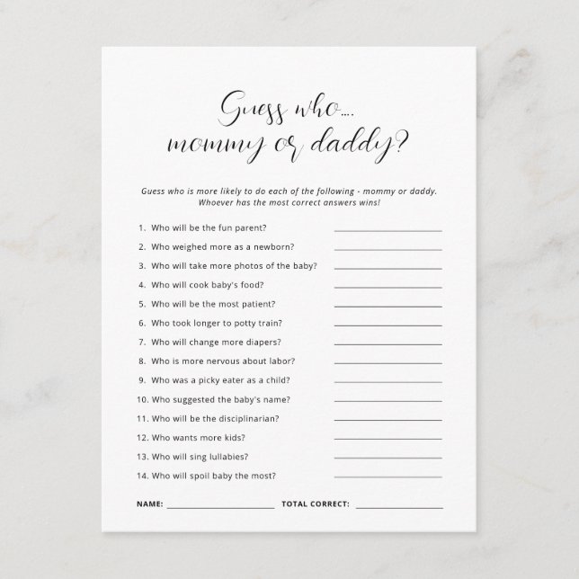 Minimalist Guess Who Mom Dad Baby Shower Game Card (Front)
