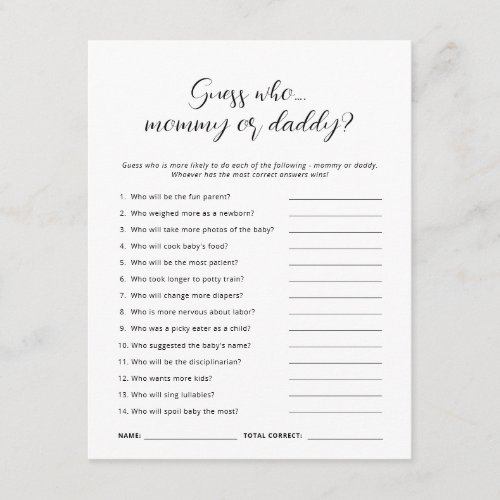 Minimalist Guess Who Mom Dad Baby Shower Game Card