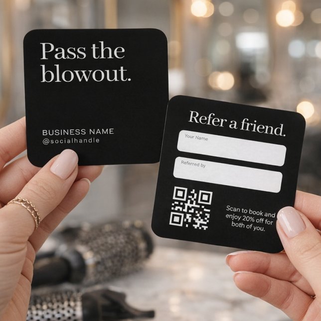 Minimalist Hair Salon Refer a Friend QR Code  Square Business Card (Creator Uploaded)